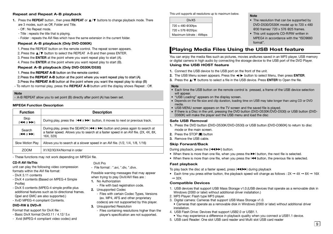 Samsung DVD-D530/XV manual Playing Media Files Using the USB Host feature, Dvd-Rw & Dvd+R 