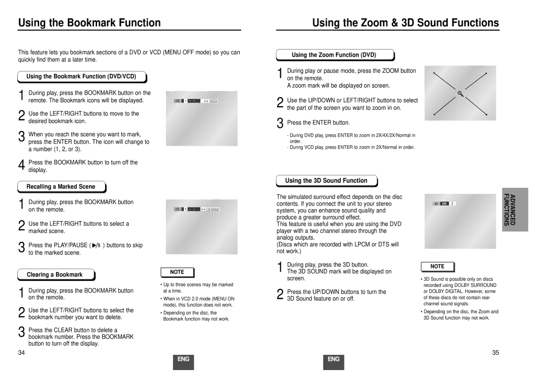 Samsung DVD-E137A/FES manual Using the Bookmark Function, Using the Zoom & 3D Sound Functions, Recalling a Marked Scene 