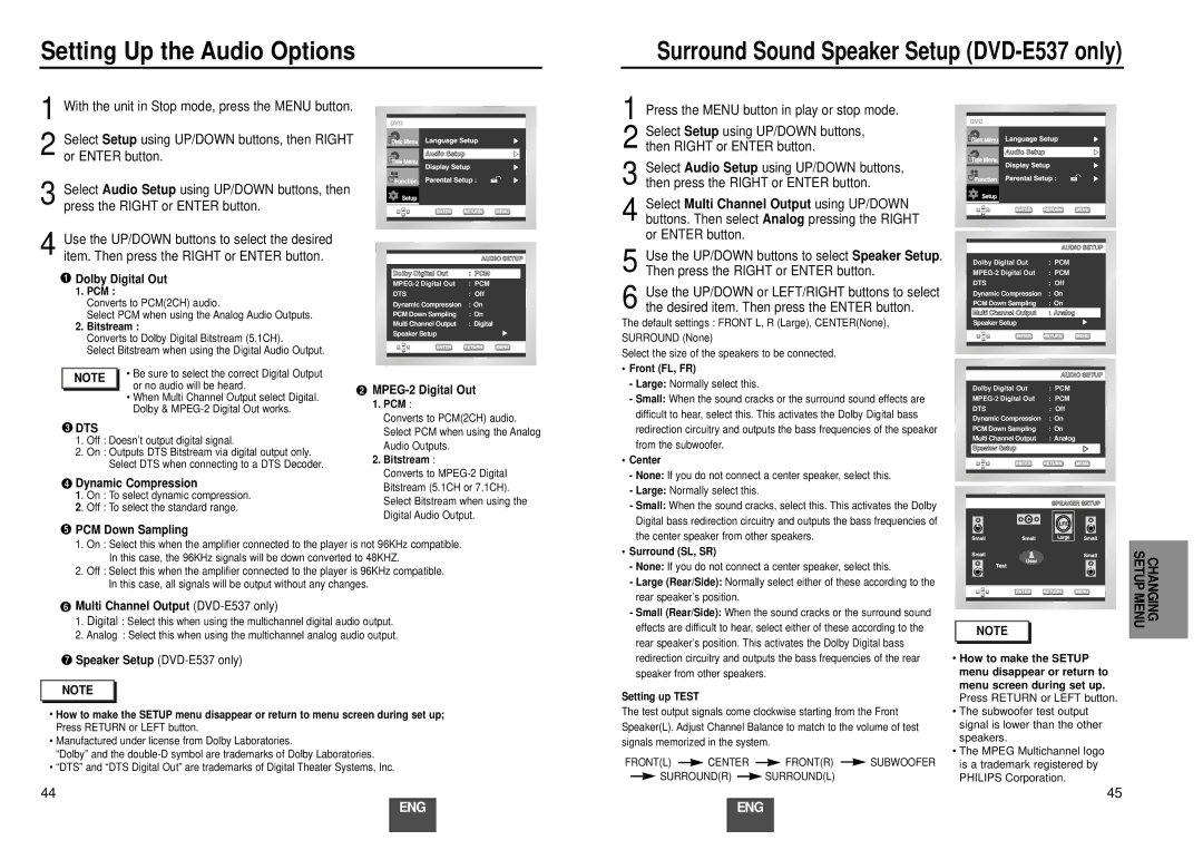 Samsung DVD-E137A/FES manual Setting Up the Audio Options, Then Right or Enter button, Changing 