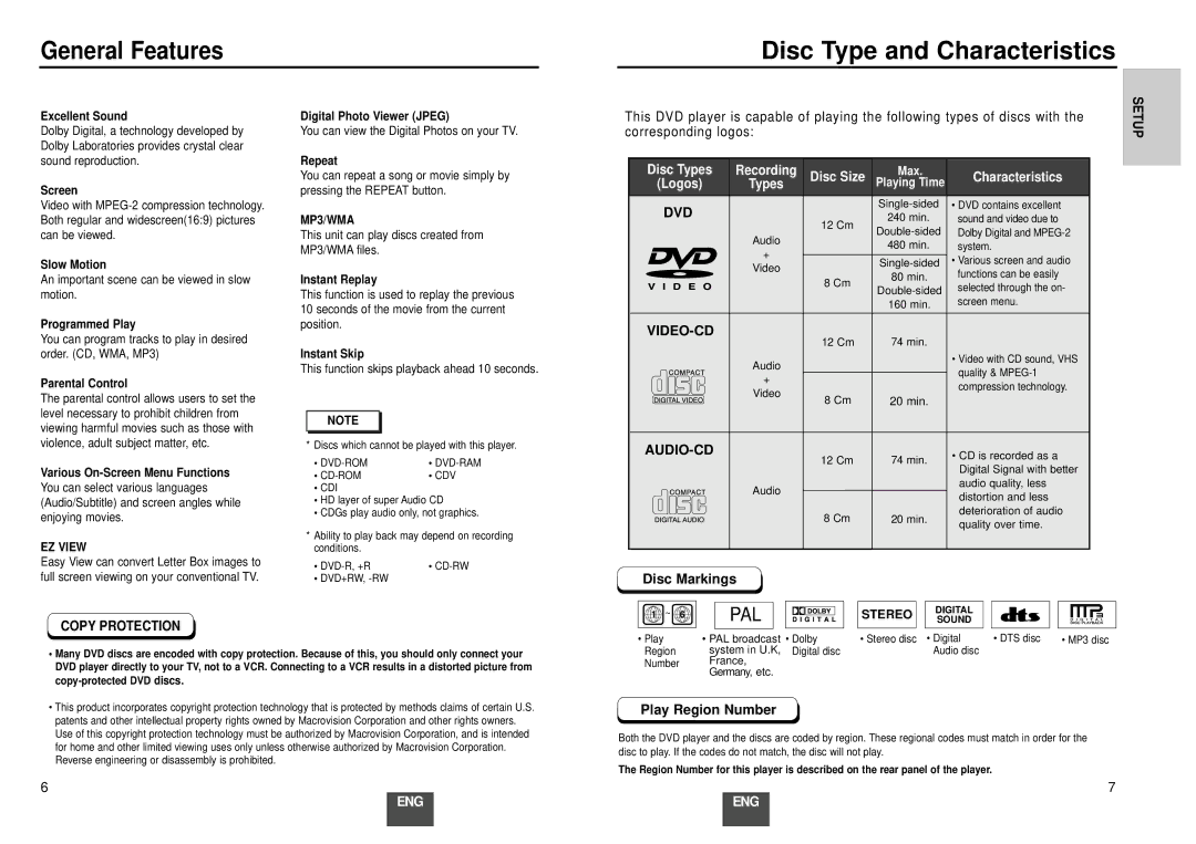 Samsung DVD-E137A/FES manual General Features, Corresponding logos, Stereo, Copy Protection 