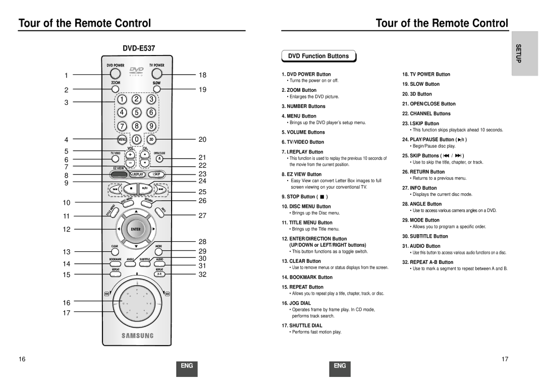 Samsung DVD-E137A/FES manual Number Buttons Menu Button, Volume Buttons TV/VIDEO Button Replay Button 