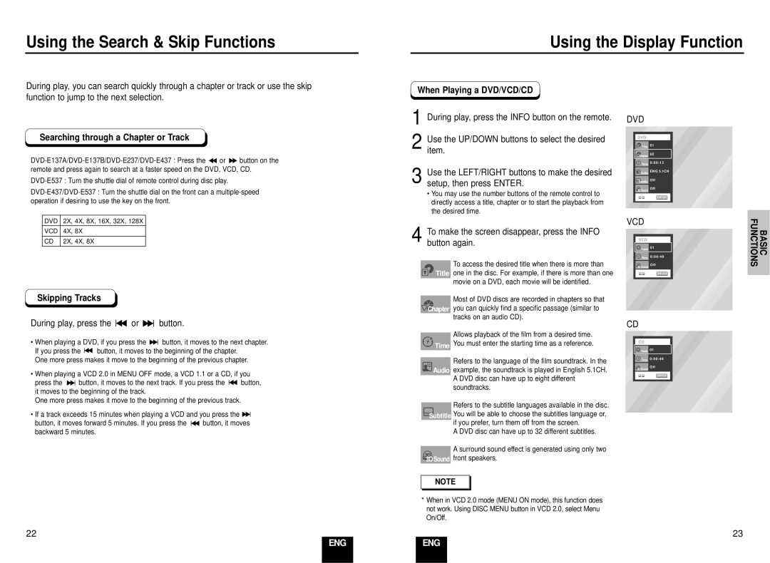 Samsung DVD-E137B/AFR manual Searching through a Chapter or Track, When Playing a DVD/VCD/CD, Skipping Tracks 