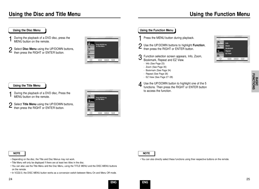 Samsung DVD-E137B/AFR manual Using the Function Menu, Press the Menu button during playback 