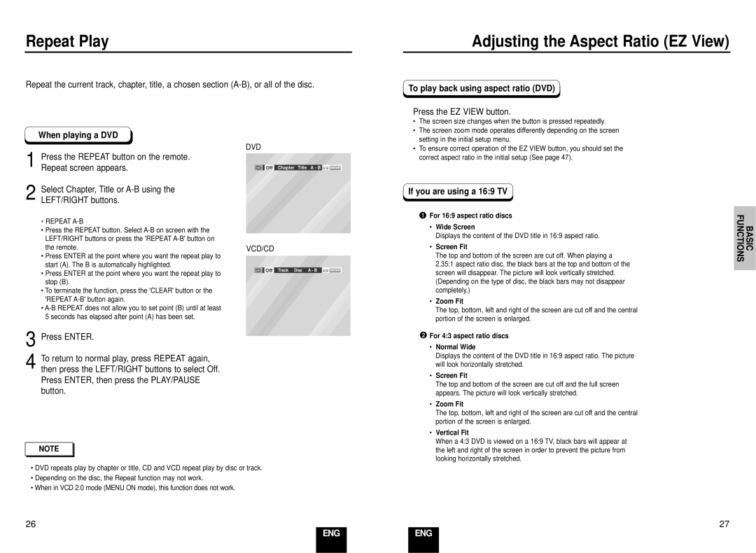 Samsung DVD-E137B/AFR manual Repeat Play, Adjusting the Aspect Ratio EZ View, When playing a DVD, If you are using a 169 TV 