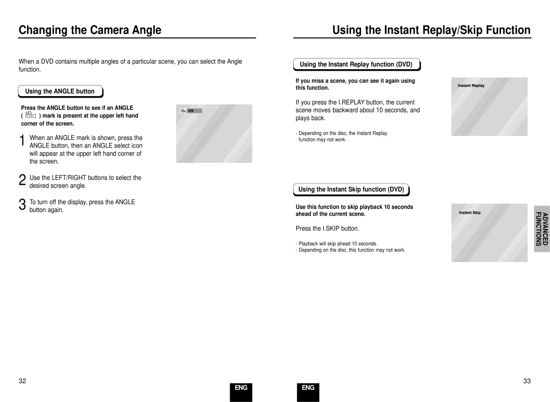 Samsung DVD-E137B/AFR manual Changing the Camera Angle, Using the Instant Replay/Skip Function 