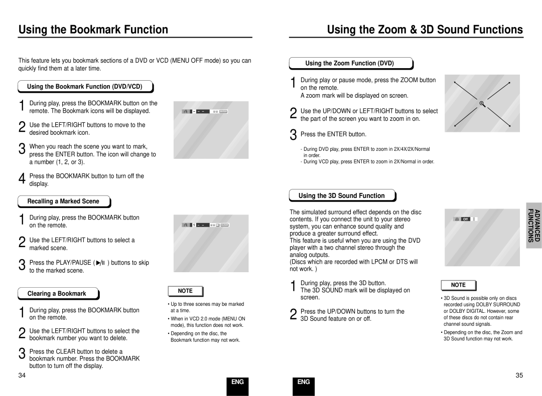 Samsung DVD-E137B/AFR manual Using the Bookmark Function, Using the Zoom & 3D Sound Functions, Recalling a Marked Scene 