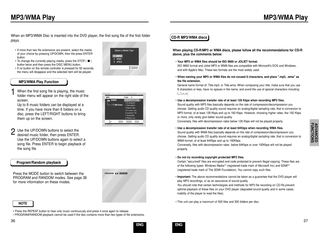 Samsung DVD-E137B/AFR manual MP3/WMA Play Function, Program/Random playback, Press the Mode button to switch between 