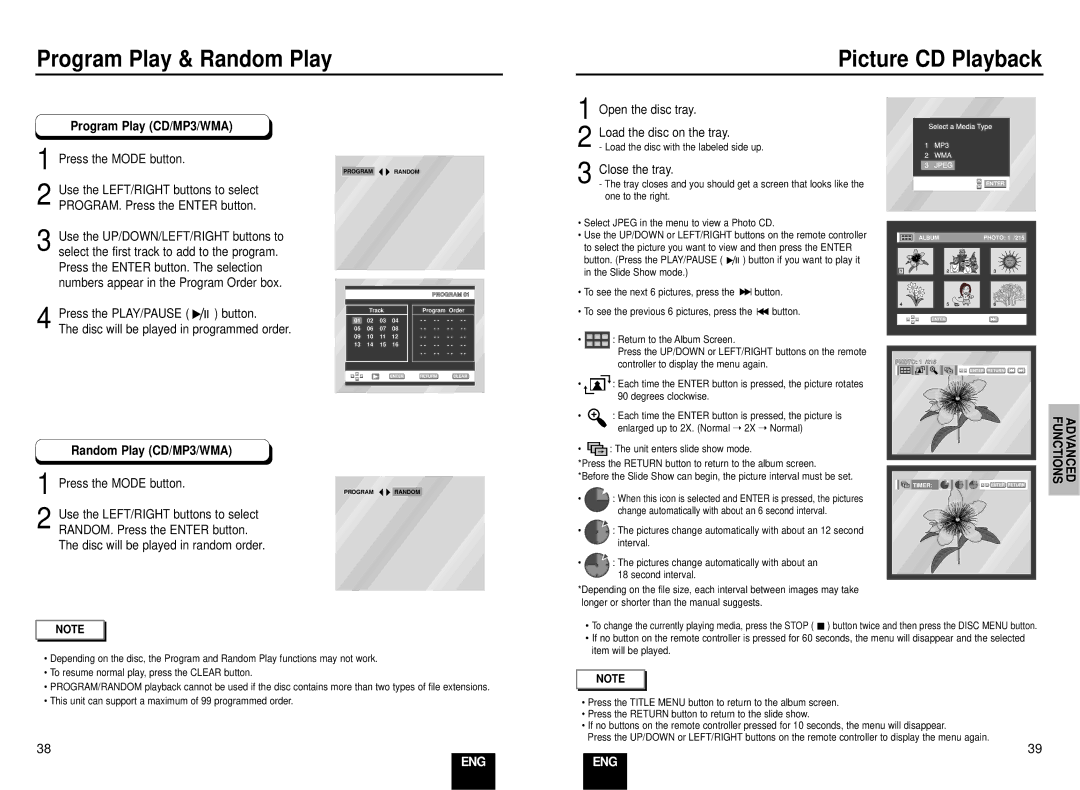 Samsung DVD-E137B/AFR Program Play & Random Play, Picture CD Playback, Program Play CD/MP3/WMA, Random Play CD/MP3/WMA 