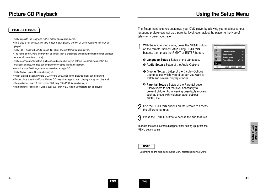 Samsung DVD-E137B/AFR manual Using the Setup Menu, CD-R Jpeg Discs, Buttons, then press the Right or Enter button 