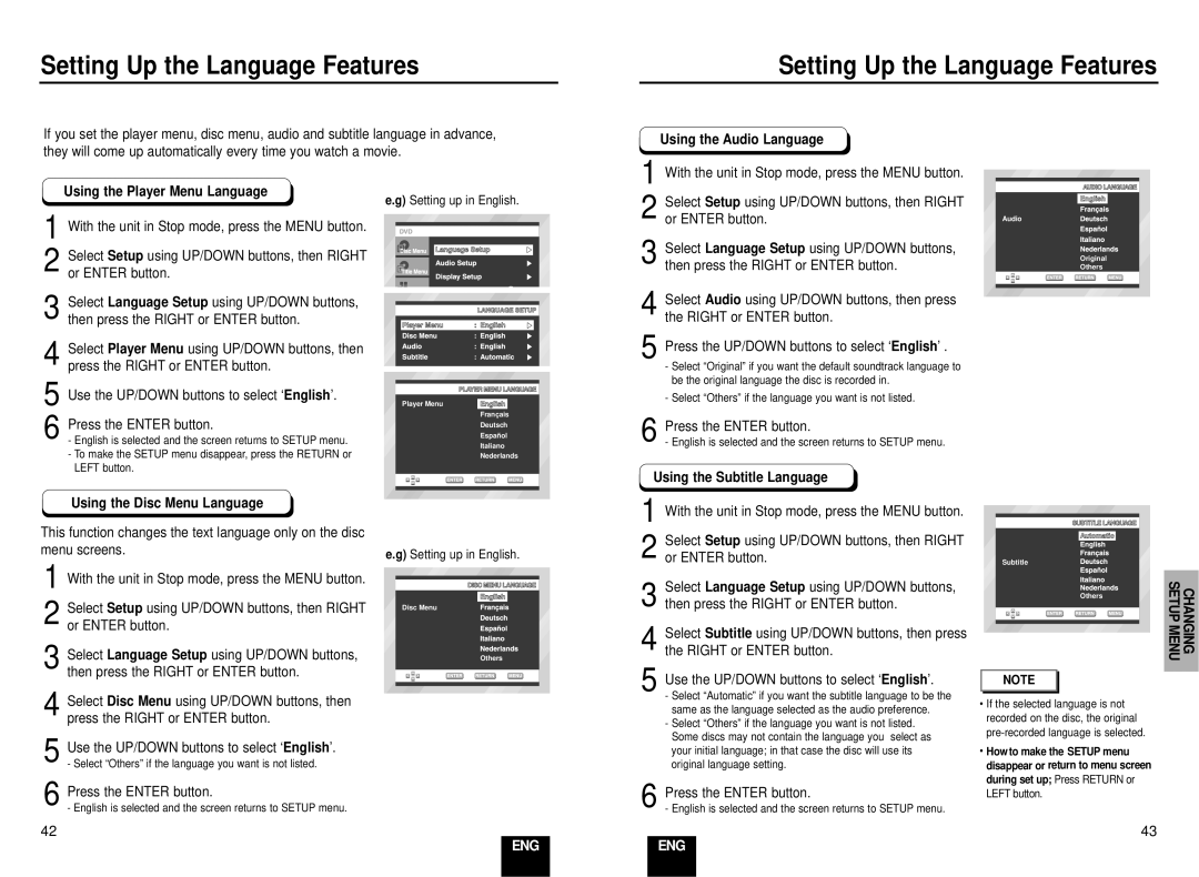 Samsung DVD-E137B/AFR manual Setting Up the Language Features, Using the Audio Language, Using the Player Menu Language 