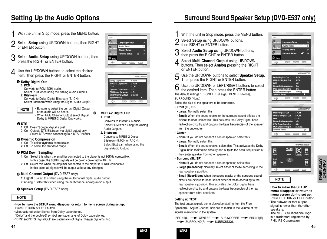 Samsung DVD-E137B/AFR manual Setting Up the Audio Options, Changing 