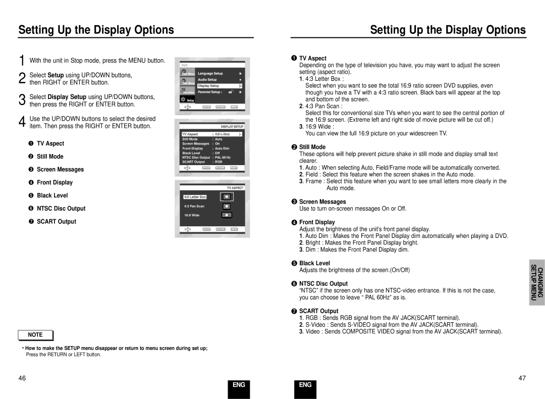 Samsung DVD-E137B/AFR manual Setting Up the Display Options, Use to turn on-screen messages On or Off 