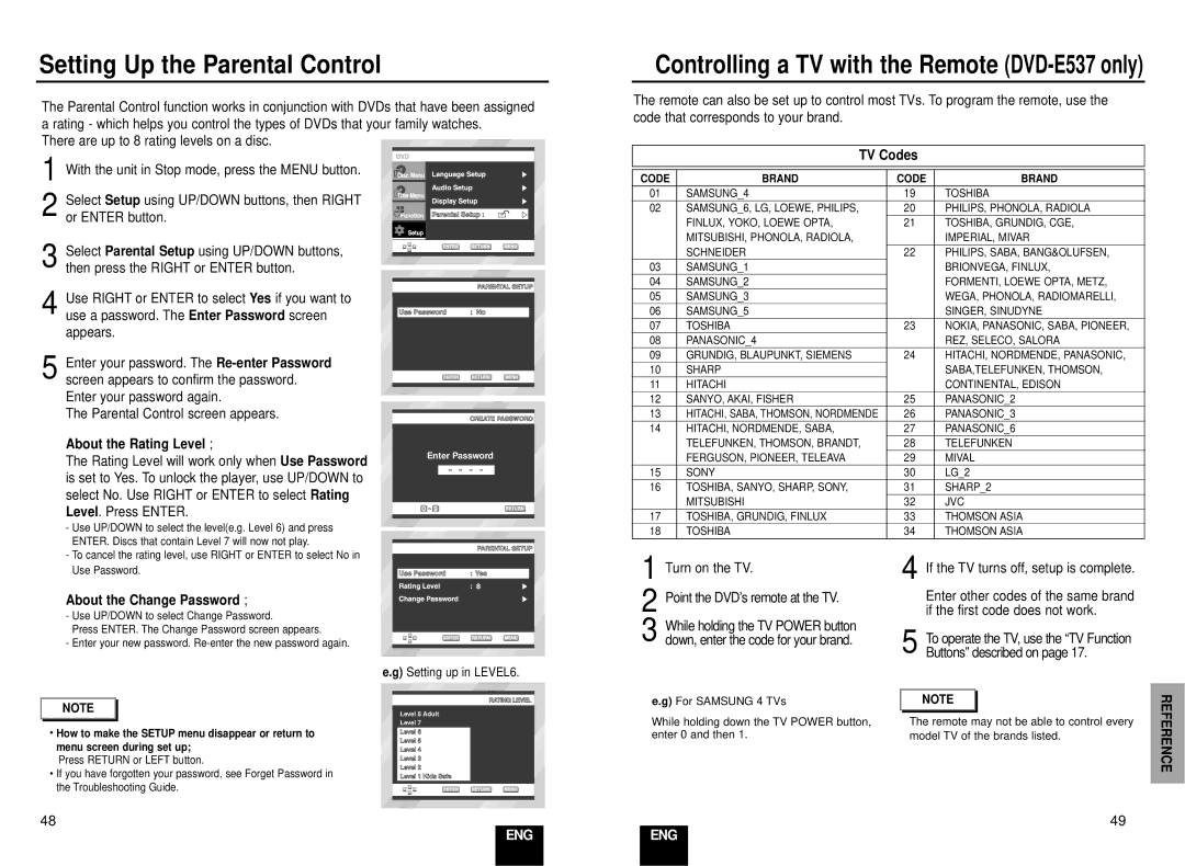 Samsung DVD-E137B/AFR manual Setting Up the Parental Control, TV Codes, About the Rating Level, About the Change Password 