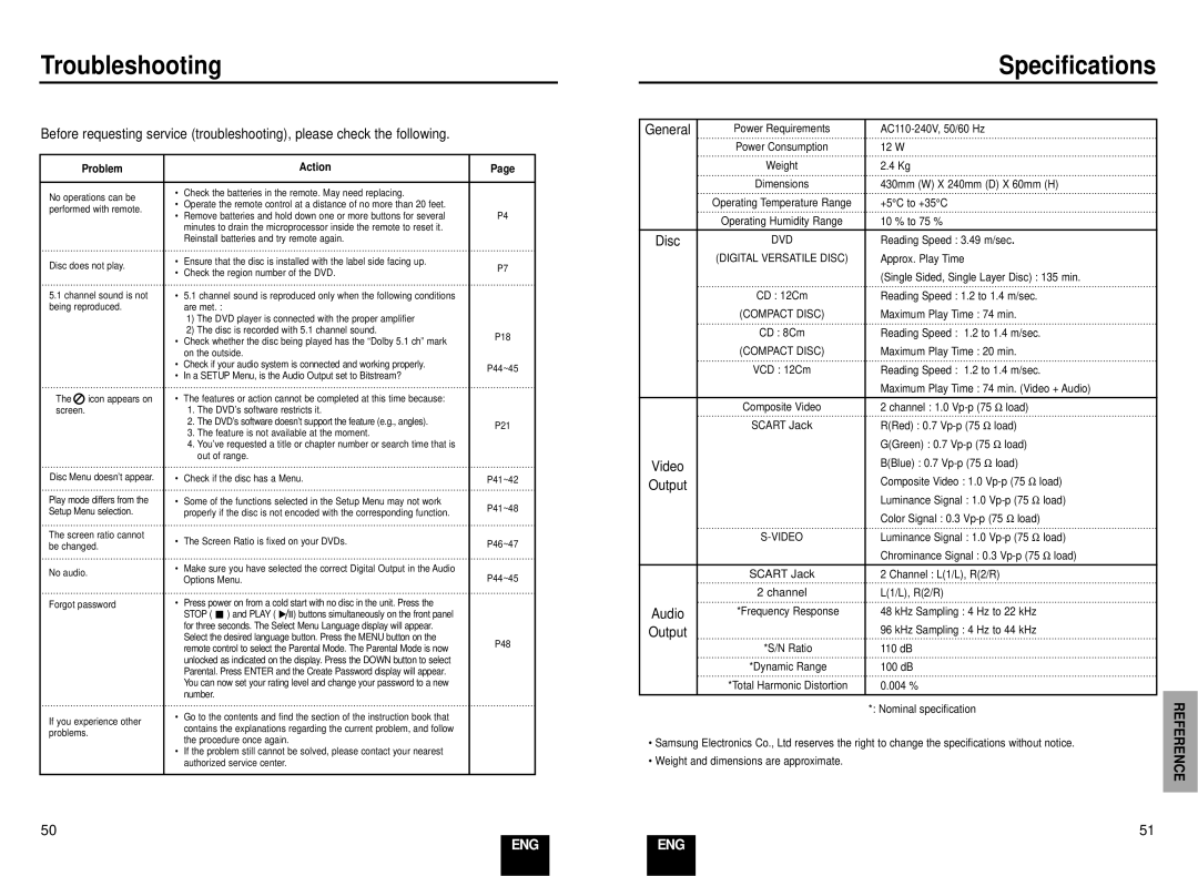 Samsung DVD-E137B/AFR manual Troubleshooting, Specifications, General 