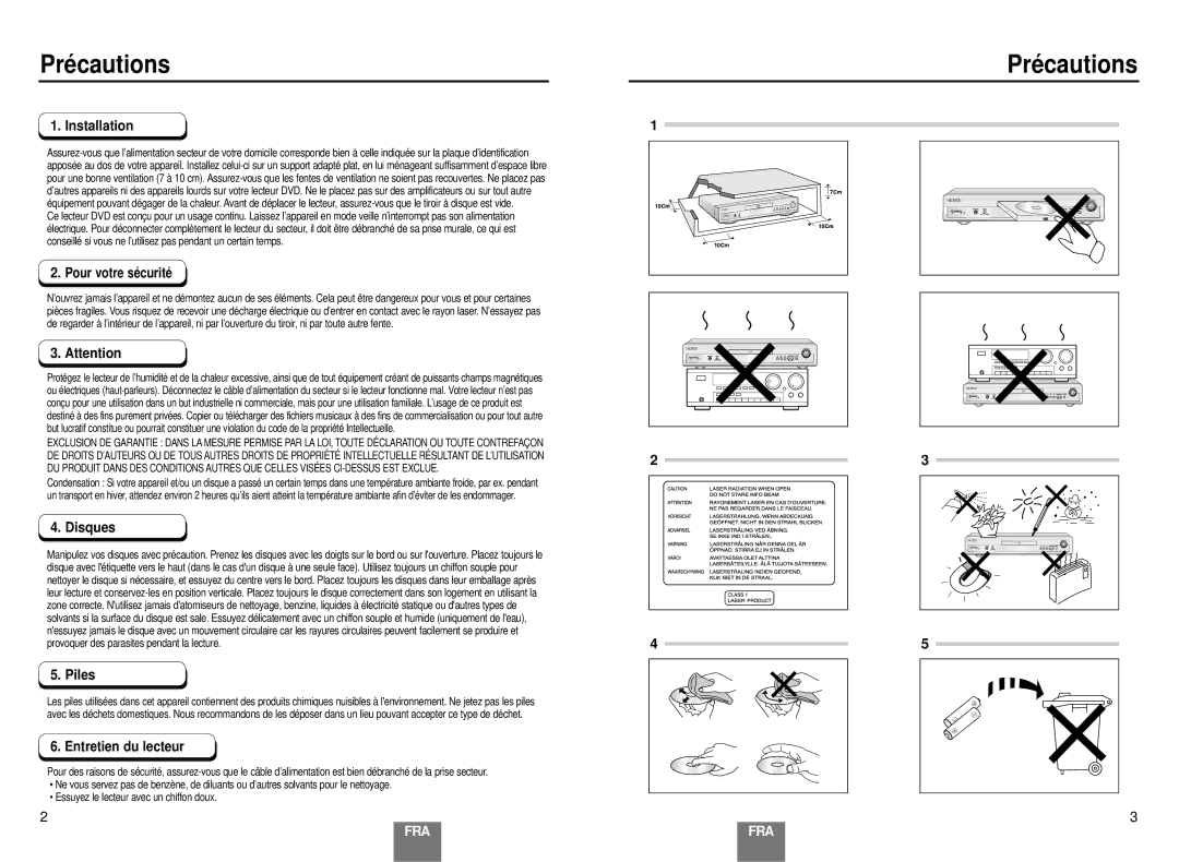 Samsung DVD-E137B/AFR manual Précautions, Installation, Disques, Piles, Entretien du lecteur 