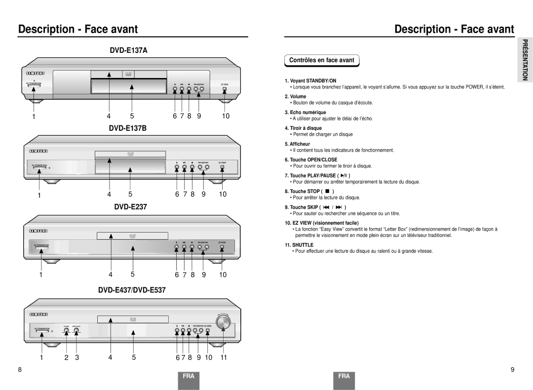 Samsung DVD-E137B/AFR manual Description Face avant, Contrôles en face avant 