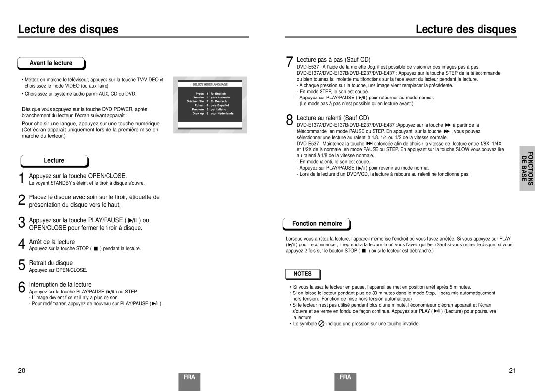 Samsung DVD-E137B/AFR manual Lecture des disques, Avant la lecture, Fonction mé moire 