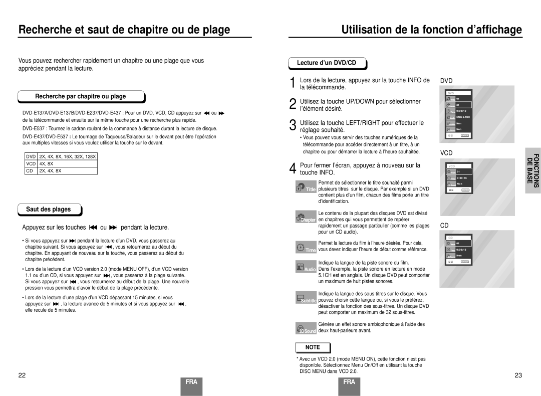 Samsung DVD-E137B/AFR manual Recherche par chapitre ou plage, Saut des plages, Lecture d’un DVD/CD, Fonctions DE Base 