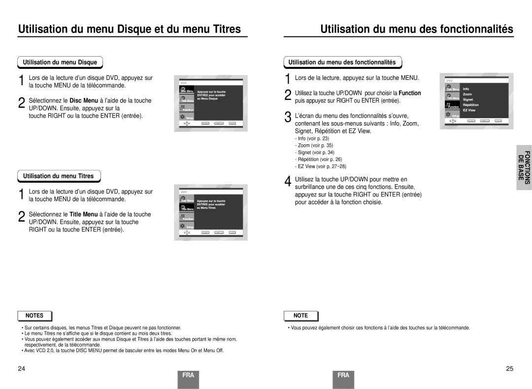 Samsung DVD-E137B/AFR manual Utilisation du menu Disque et du menu Titres, Utilisation du menu des fonctionnalité s 