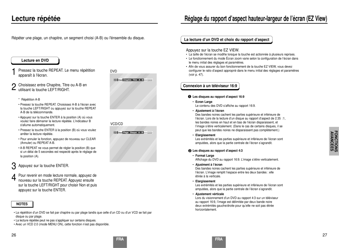 Samsung DVD-E137B/AFR manual Lecture ré pé té e, Lecture en DVD, La lecture d’un DVD et choix du rapport d’aspect 