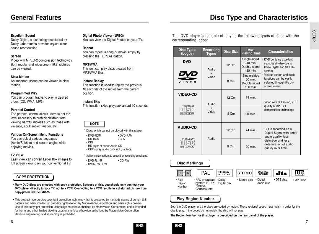 Samsung DVD-E137B/AFR manual General Features, Corresponding logos, Stereo, Copy Protection, 20 min 