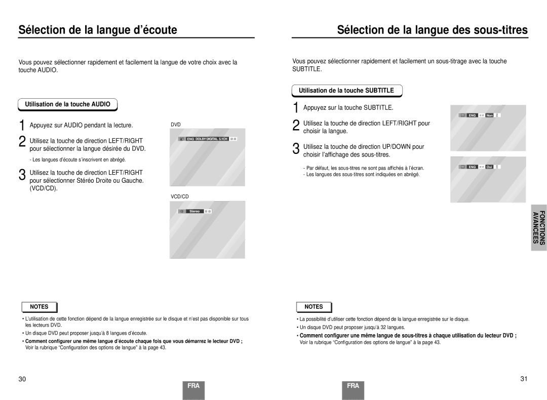 Samsung DVD-E137B/AFR manual Sé lection de la langue d’é coute, Sé lection de la langue des sous-titres, Avancees Fonctions 