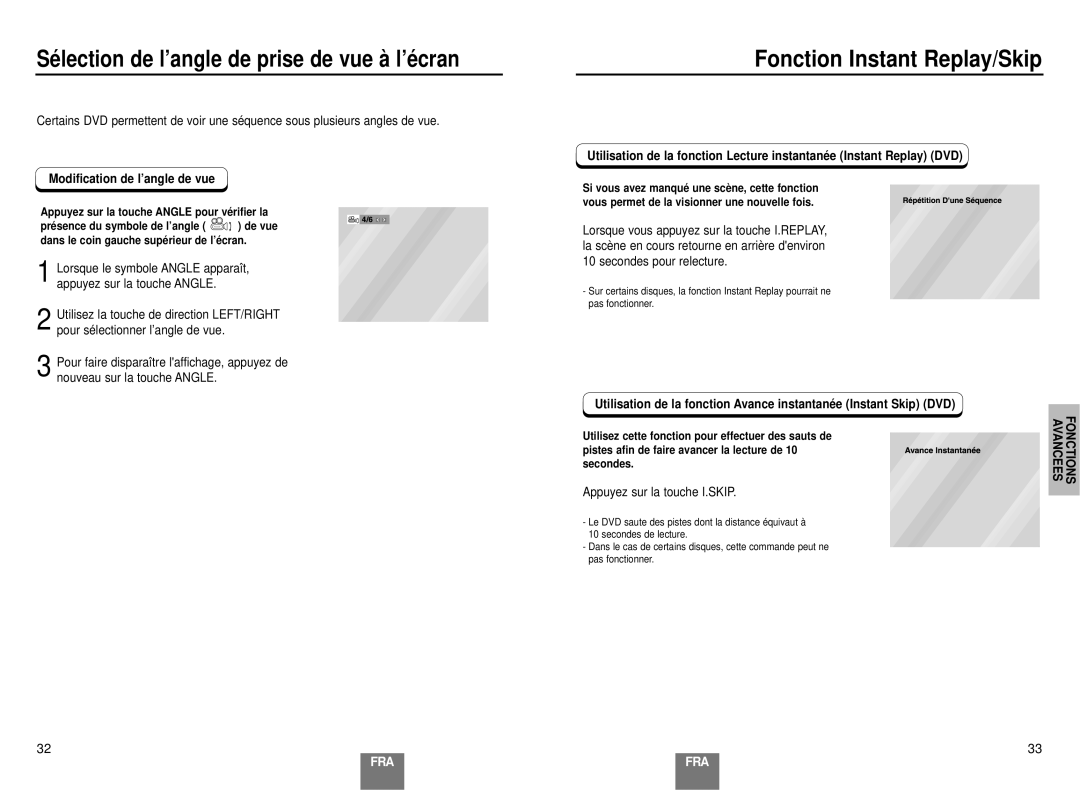 Samsung DVD-E137B/AFR manual Fonction Instant Replay/Skip, Modification de l’angle de vue, Appuyez sur la touche I.SKIP 