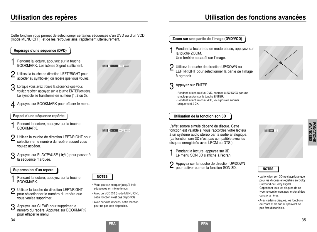 Samsung DVD-E137B/AFR manual Utilisation des repères, Utilisation des fonctions avancé es, Rappel d’une séquence repérée 