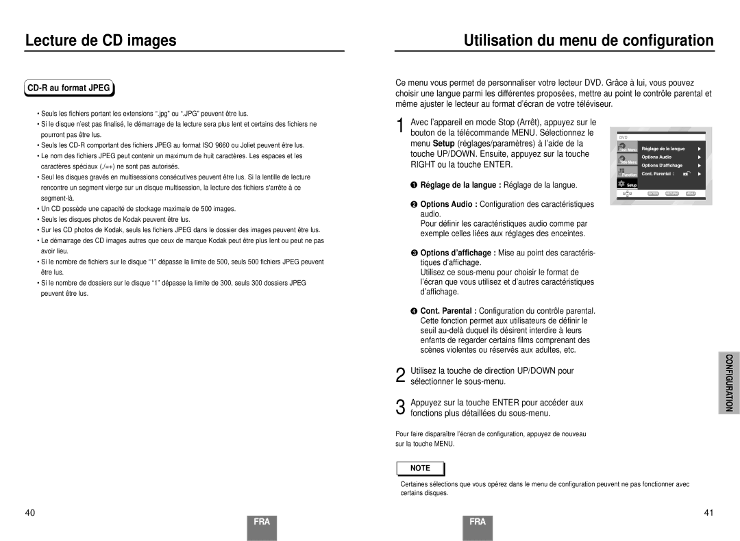 Samsung DVD-E137B/AFR manual Utilisation du menu de configuration, CD-R au format Jpeg 