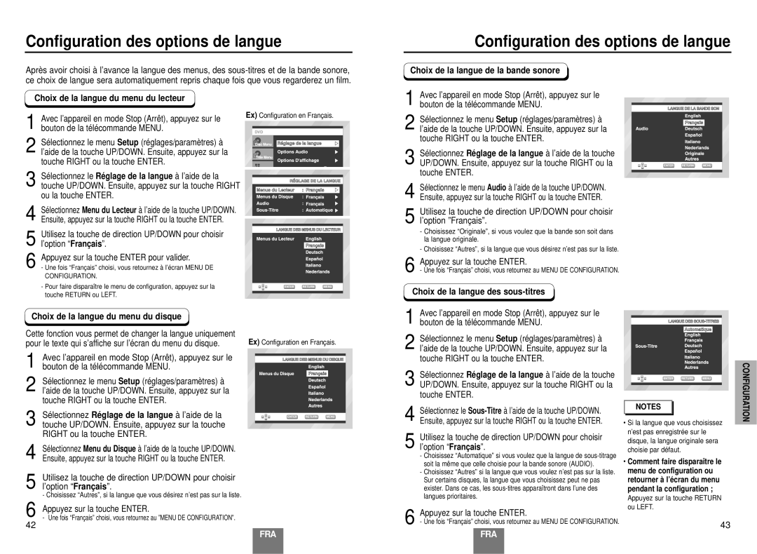 Samsung DVD-E137B/AFR manual Configuration des options de langue, Touche Enter, Appuyez sur la touche Enter 