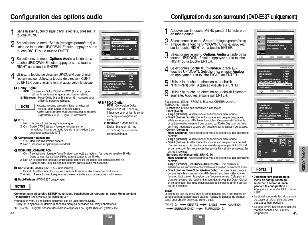 Samsung DVD-E137B/AFR manual Configuration des options audio, Dolby Digital, MPEG-2 Digital 