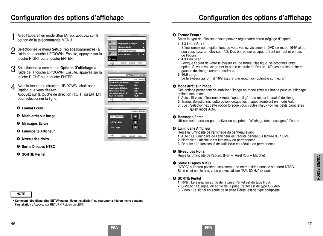 Samsung DVD-E137B/AFR manual Configuration des options d’affichage, Format É cran 