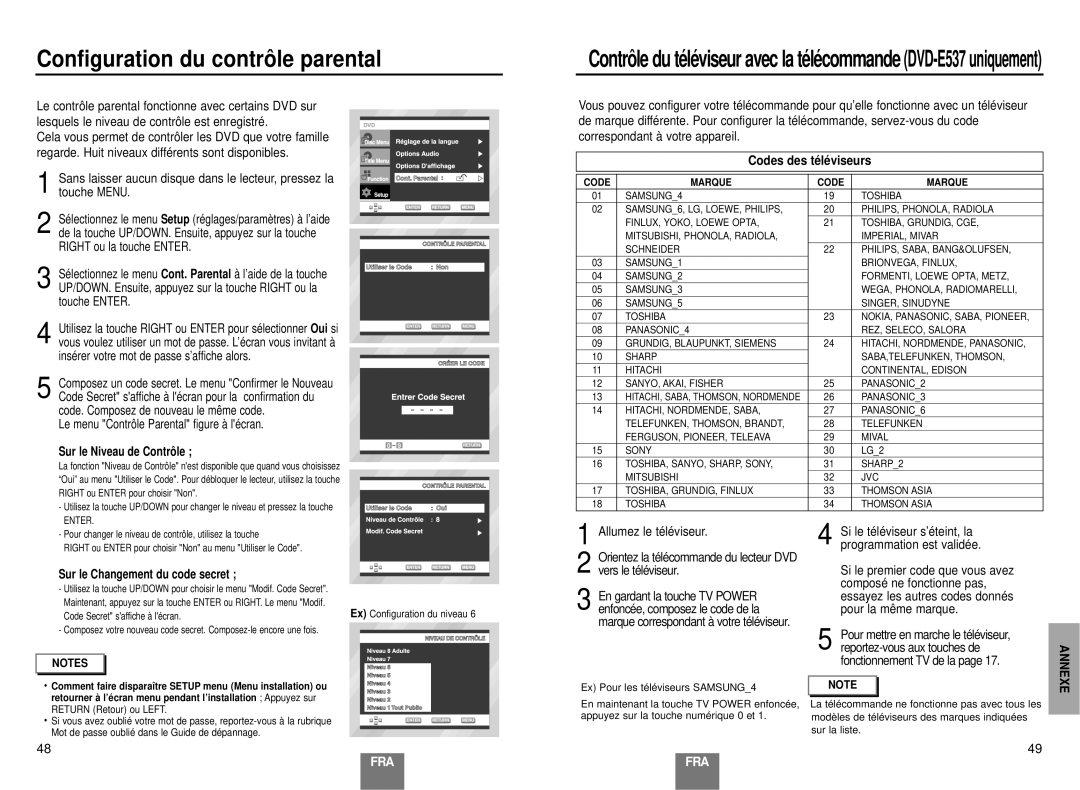 Samsung DVD-E137B/AFR manual Configuration du contrô le parental, Codes des té lé viseurs, Sur le Niveau de Contrô le 