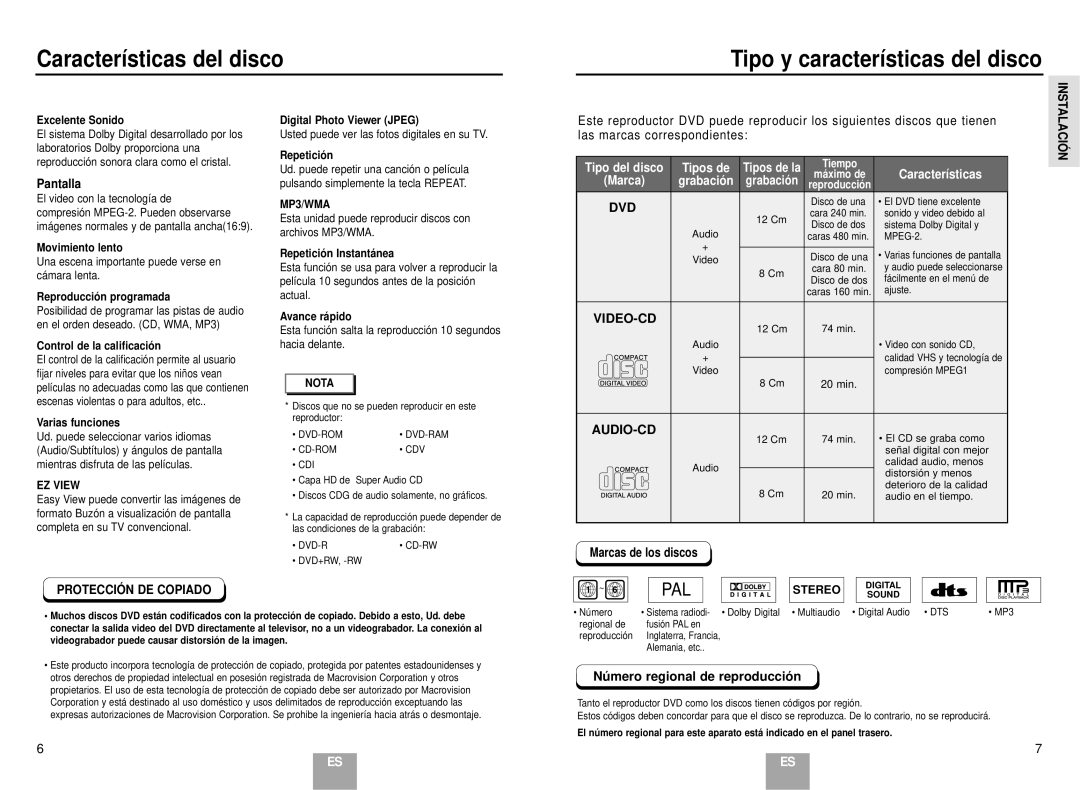 Samsung DVD-E137B/AFR Características del disco Tipo y características del disco, Pantalla, Las marcas correspondientes 