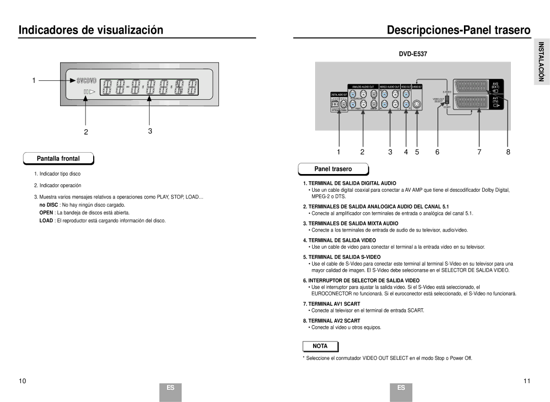 Samsung DVD-E137B/AFR manual Indicadores de visualización, Descripciones-Panel trasero, Pantalla frontal 