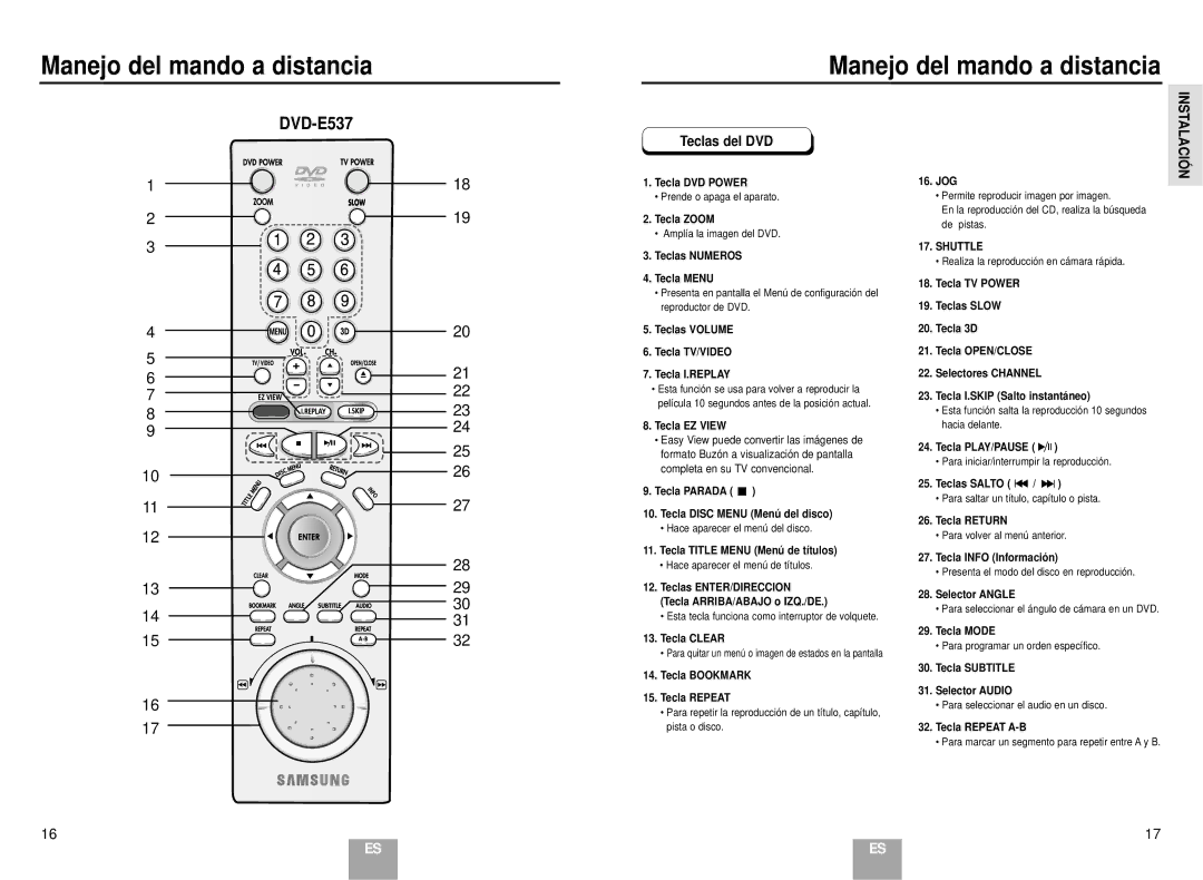 Samsung DVD-E137B/AFR manual Tecla DVD Power, Teclas Numeros Tecla Menu, Teclas Volume Tecla TV/VIDEO Tecla I.REPLAY, Jog 