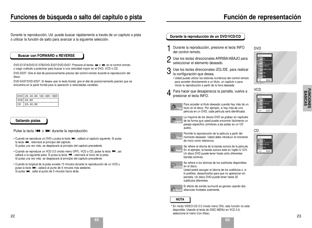 Samsung DVD-E137B/AFR Funció n de representació n, Buscar con Forward o Reverse, Durante la reproducció n de un DVD/VCD/CD 