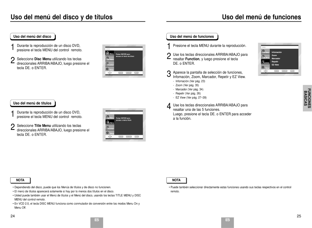 Samsung DVD-E137B/AFR manual Uso del menú del disco y de títulos, Uso del menú de funciones, Uso del menú de títulos 