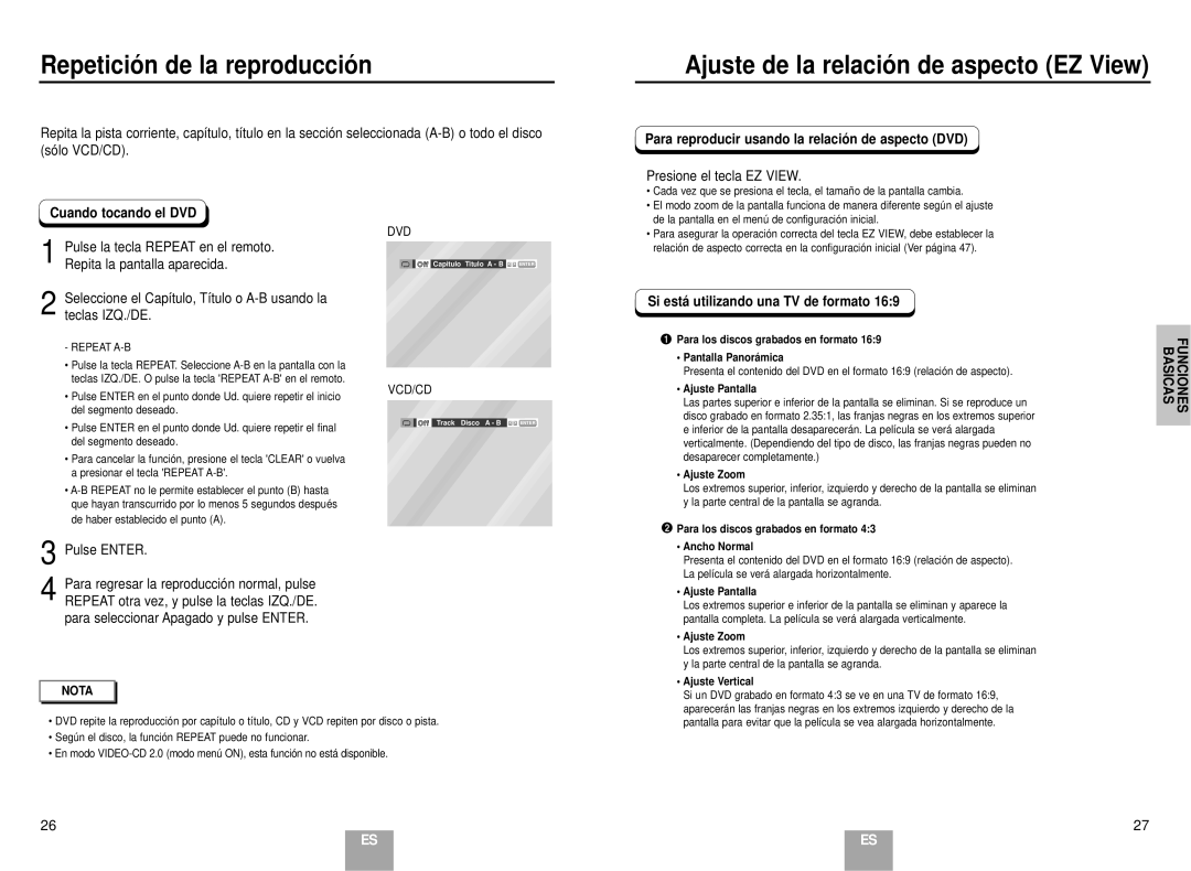 Samsung DVD-E137B/AFR Repetició n de la reproducció n, Ajuste de la relació n de aspecto EZ View, Cuando tocando el DVD 