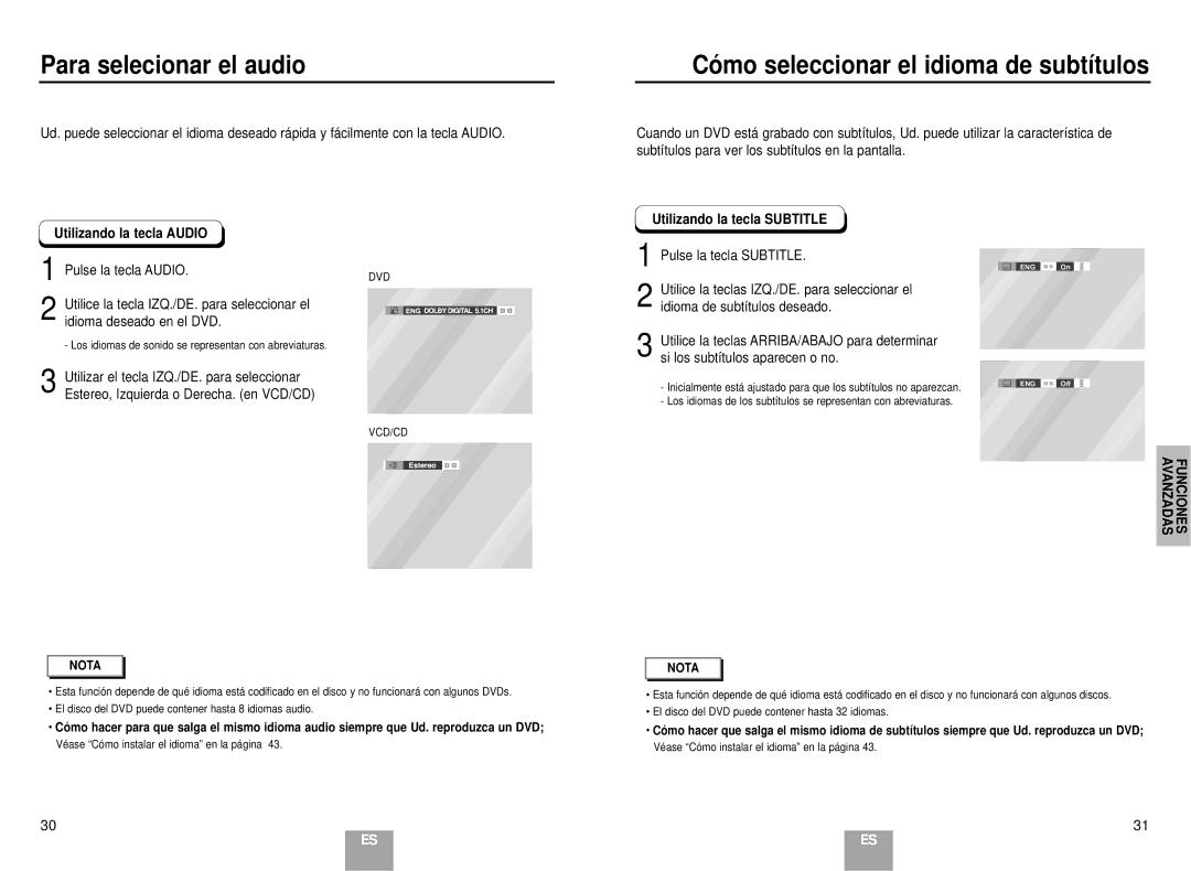 Samsung DVD-E137B/AFR manual Para selecionar el audio, Có mo seleccionar el idioma de subtítulos, Utilizando la tecla Audio 