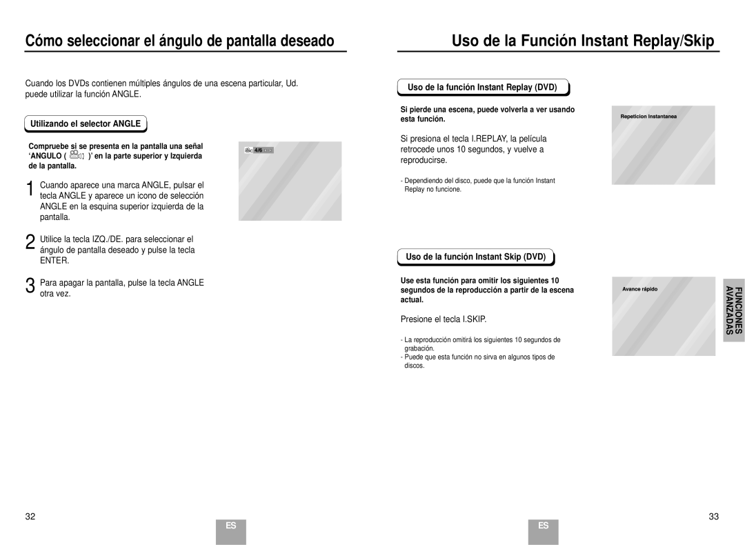 Samsung DVD-E137B/AFR manual Uso de la Función Instant Replay/Skip, Utilizando el selector Angle 