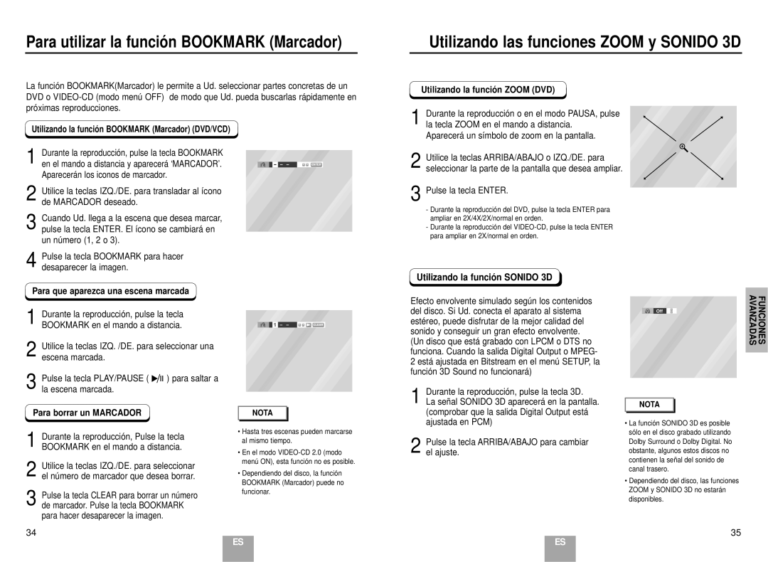 Samsung DVD-E137B/AFR manual Utilizando la funció n Zoom DVD, Pulse la tecla Enter, Para borrar un Marcador 