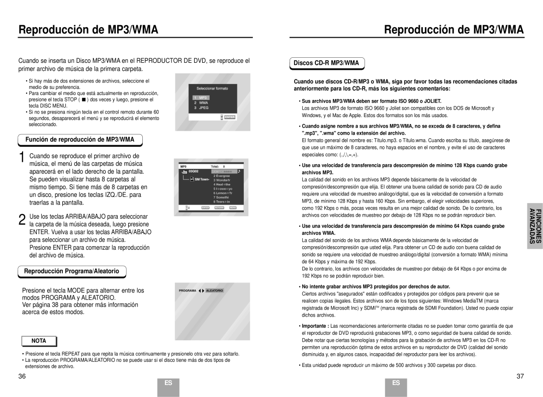 Samsung DVD-E137B/AFR manual Reproducció n de MP3/WMA, Funció n de reproducció n de MP3/WMA, Discos CD-R MP3/WMA 