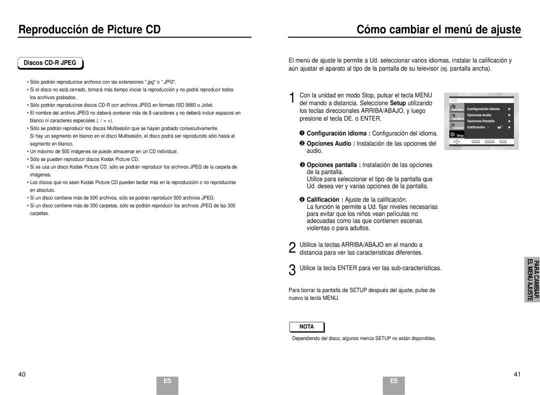 Samsung DVD-E137B/AFR manual Có mo cambiar el menú de ajuste, Discos CD-R Jpeg 