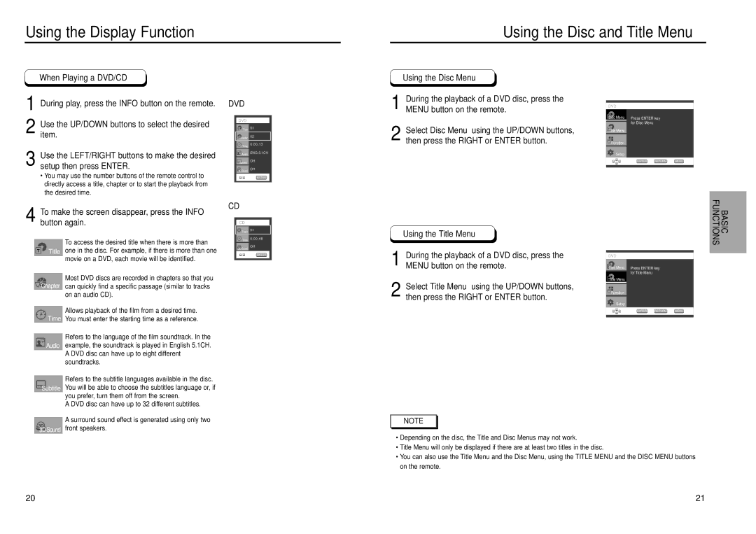 Samsung DVD-P239 manual Using the Display Function Using the Disc and Title Menu, When Playing a DVD/CD, Basic Functions 