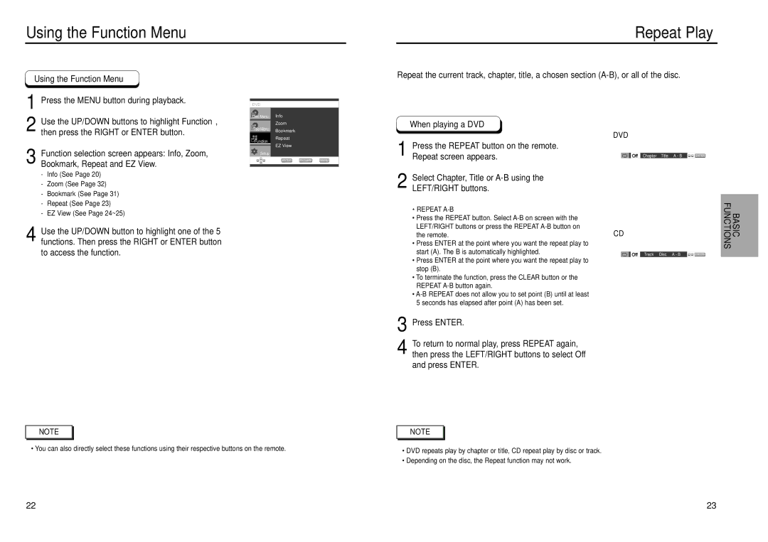 Samsung DVD-E139, DVD-P239 manual Using the Function Menu Repeat Play, When playing a DVD 