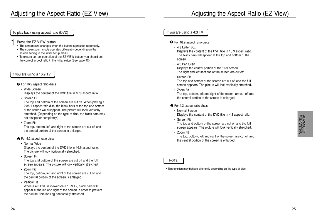 Samsung DVD-P239 manual Adjusting the Aspect Ratio EZ View, To play back using aspect ratio DVD, Press the EZ View button 