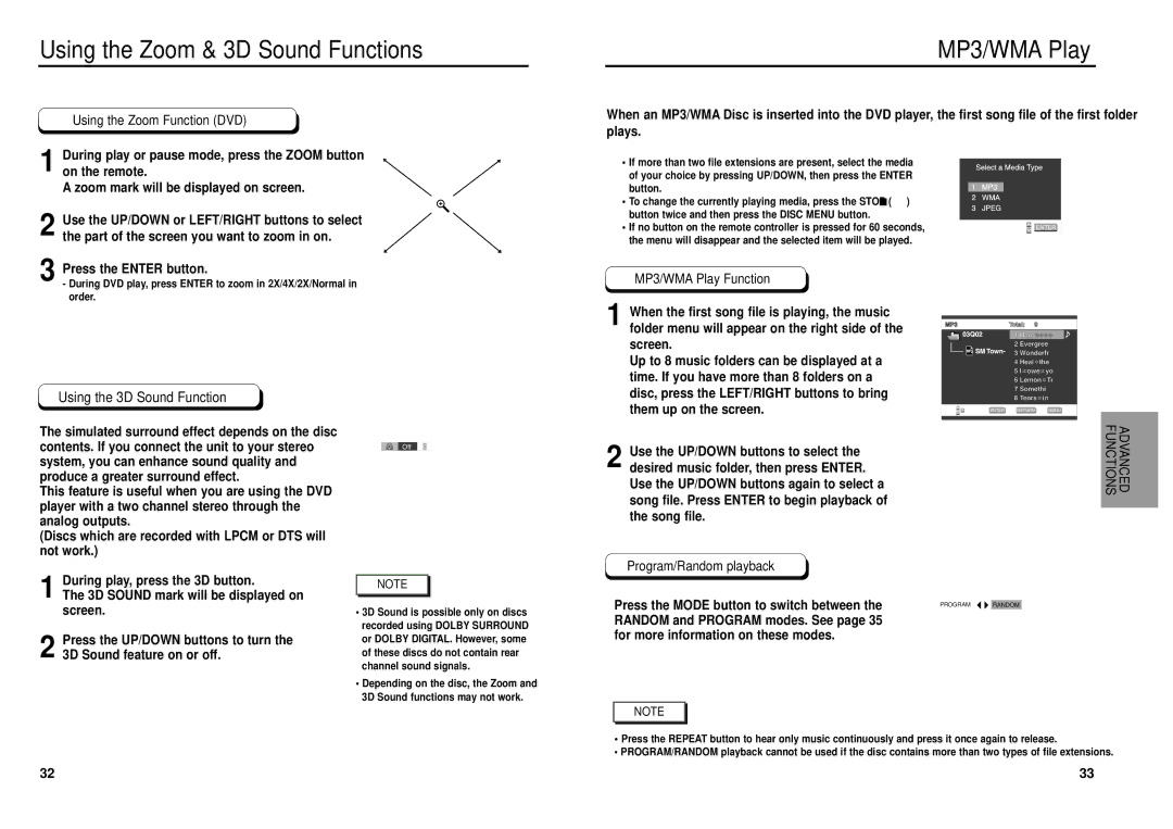 Samsung DVD-P239, DVD-E139 manual Using the Zoom & 3D Sound Functions, MP3/WMA Play, Advanced Functions 