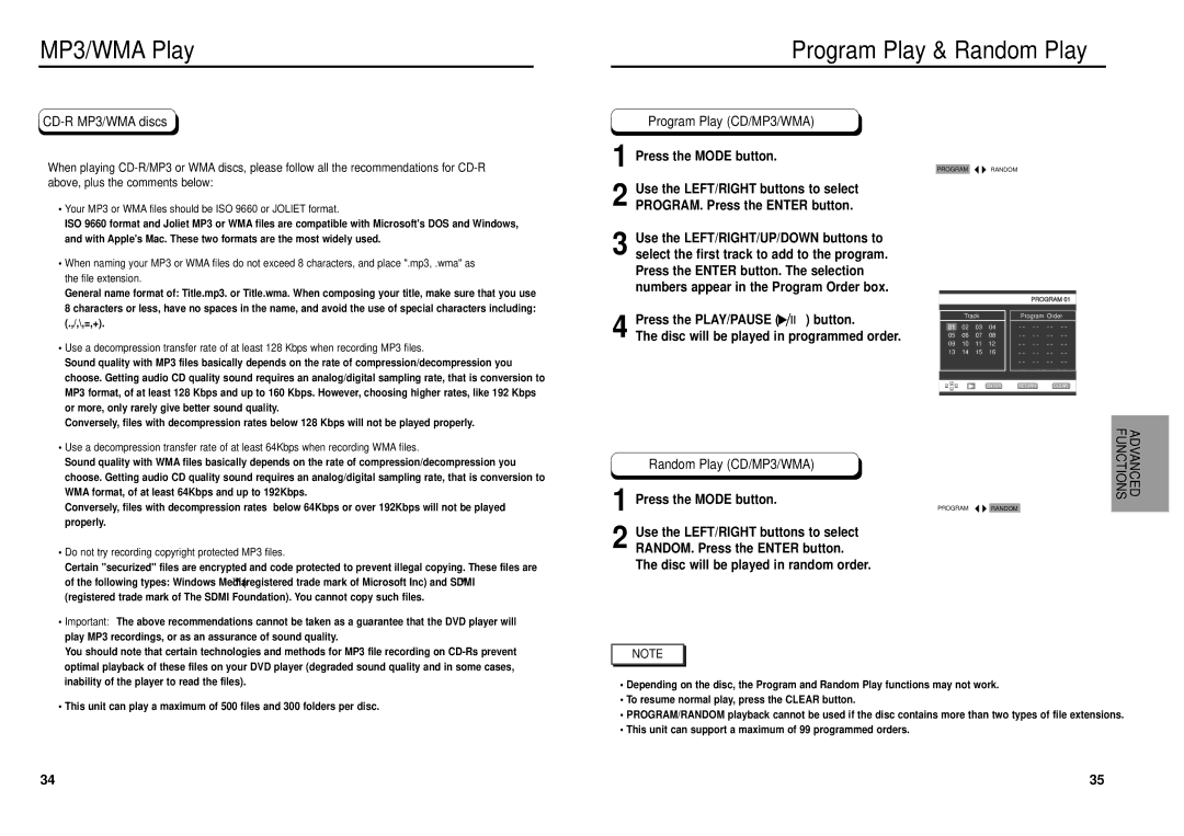 Samsung DVD-E139, DVD-P239 manual MP3/WMA Play Program Play & Random Play, CD-R MP3/WMA discs, Program Play CD/MP3/WMA 