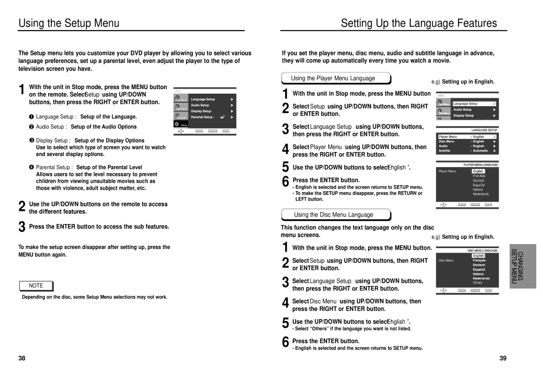 Samsung DVD-E139, DVD-P239 manual Using the Setup Menu, Setting Up the Language Features, Using the Player Menu Language 